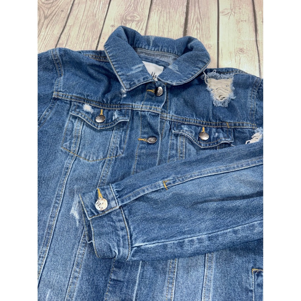 Between Us Distressed Denim Jacket Medium Wash Blue Ripped Oversized Womens S/M